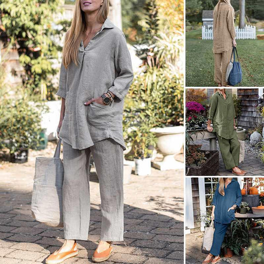 Elegancki, dwuczęściowy zestaw damski z bawełny i lnu w stylu vintage, składający się z bluzki z długim rękawem i spodni