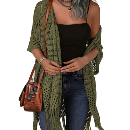 🔥 OGRANICZONA CZASOWO !! 😍 Oversize'owy, dzianinowy kardigan dla kobiet – lekka, szydełkowa narzutka z frędzlami w stylu kimono – na wiosnę i lato 🌸