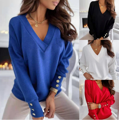 Sweter dzianinowy w jednolitym kolorze zapinany na guziki V-neck