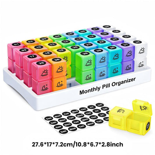 💊📅 Codzienny 31-dniowy organizer na leki w etui podróżnym – 🔒📦 4-tygodniowe pudełko na leki z przegródkami i etykietami, idealne do planowania tygodniowego, na wakacje i dla seniorów, kompaktowe przechowywanie