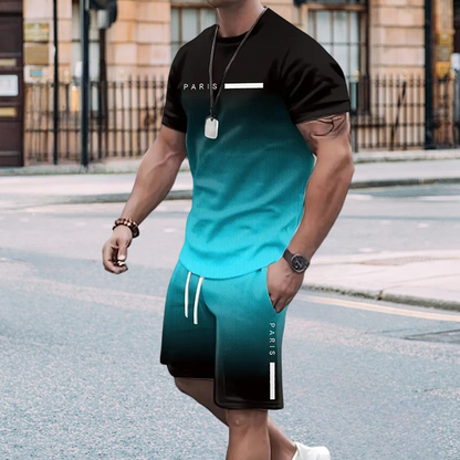 🏖️ Letnia, fajna oferta! 😎 Męski zestaw: koszulka w gradientowym kolorze + spodenki 👕🩳✨