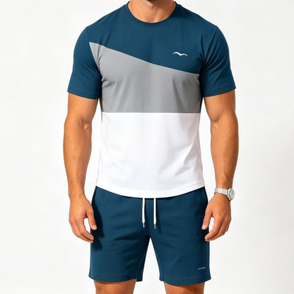 Męski komplet z koszulką T-shirt w kontrastowych kolorach i szortami