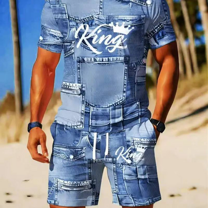 Męski casualowy komplet z T-shirtem i szortami z nadrukiem imitującym denim