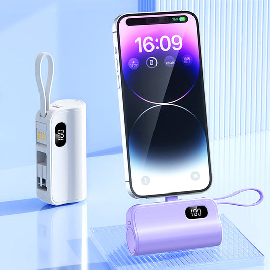 Mini power bank o pojemności 5000 mAh z wbudowanym kablem i podstawką