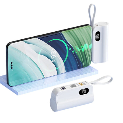 Mini power bank o pojemności 5000 mAh z wbudowanym kablem i podstawką