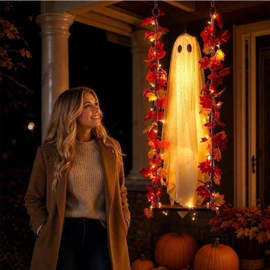Wiszący duch na Halloween na huśtawce z pilotem LED i liśćmi klonu