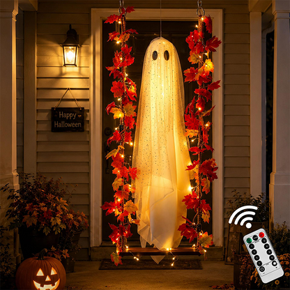 Wiszący duch na Halloween na huśtawce z pilotem LED i liśćmi klonu