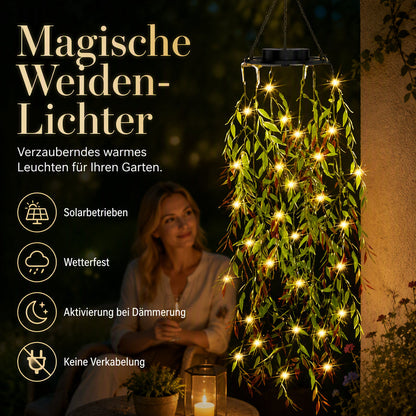 Łańcuch lampek wiszących w kształcie liści wierzby, zasilany energią słoneczną