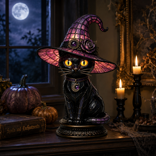 Gotycka lampa stołowa z kotem czarownicy na Halloween