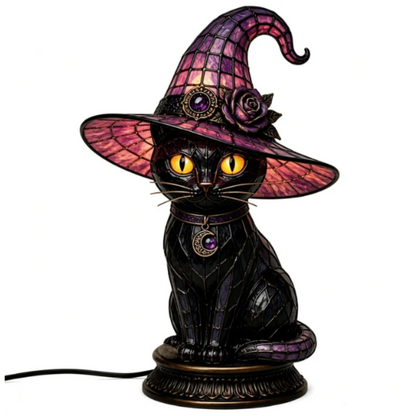 Gotycka lampa stołowa z kotem czarownicy na Halloween