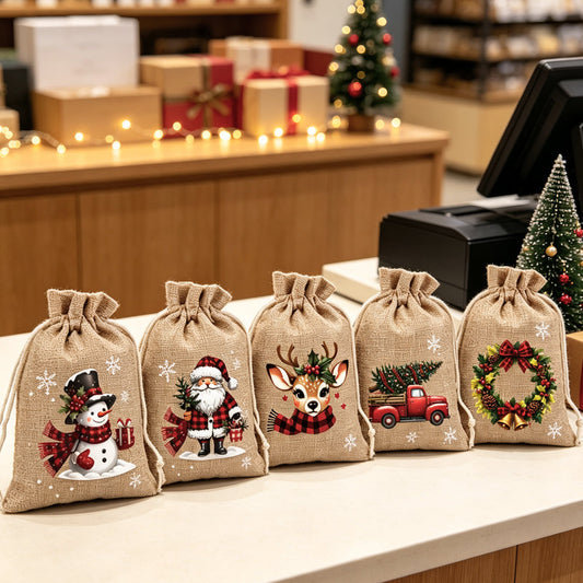 Świąteczne woreczki na prezenty – świąteczne wzory, ściągacz i wytrzymały materiał ✨🎅